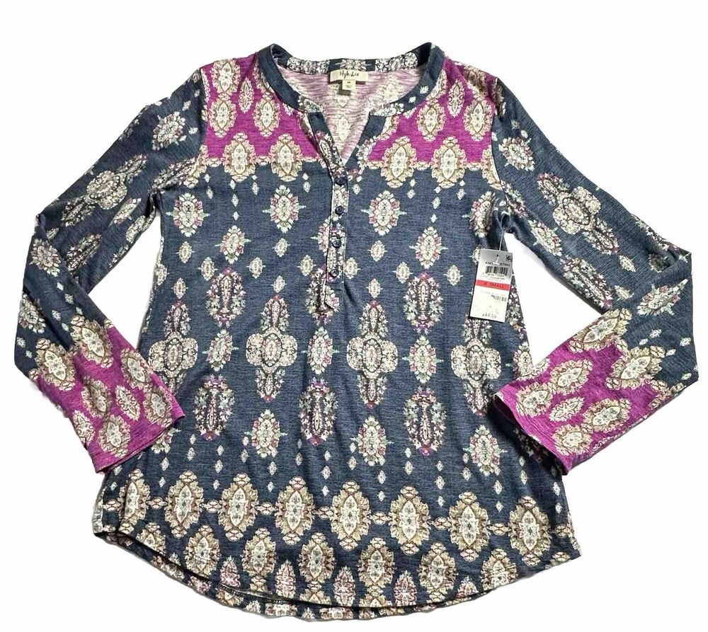 Style & Co Women's Multicolor Printed Long Sleeve Top Stretch Boho Hippie XS NWT